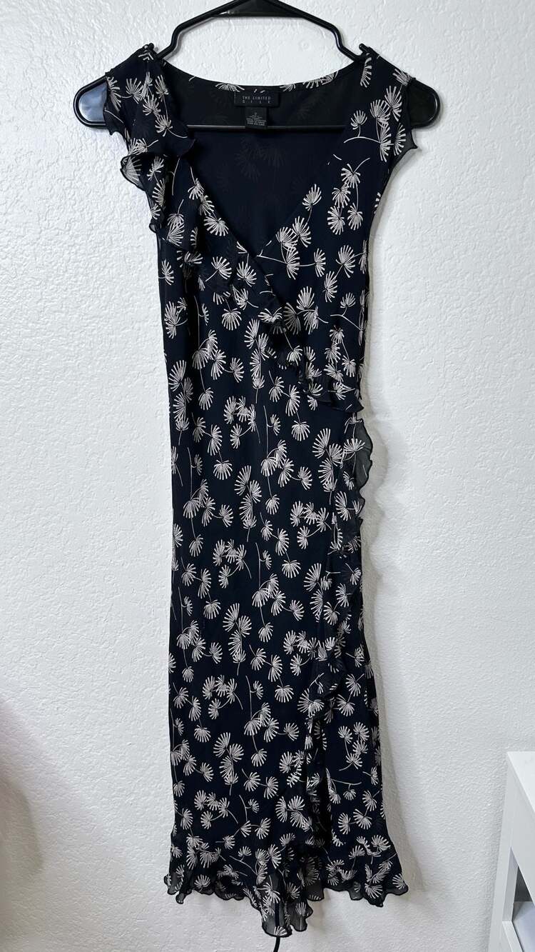 The Limited Silk Black Floral Ruffle Trim Midi Dress - Size 2 / XS